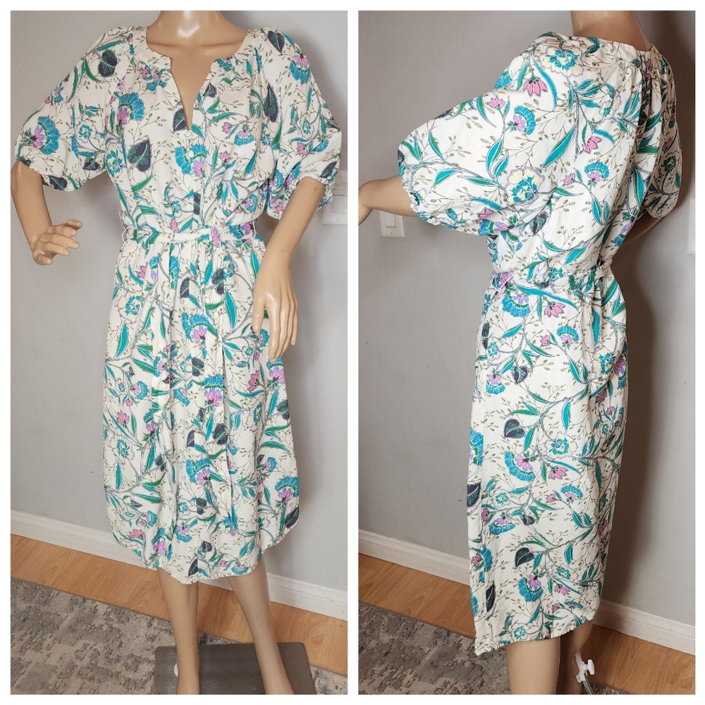 Ann Taylor Loft Linen Floral V-Neck Puff Sleeve Midi Dress Size MP Belted - Picture 7 of 16